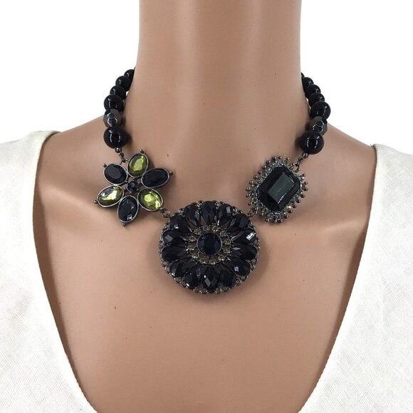 Premier Designs Statement Necklace Black Flower Rhinestone Adjustable Length - Picture 2 of 4